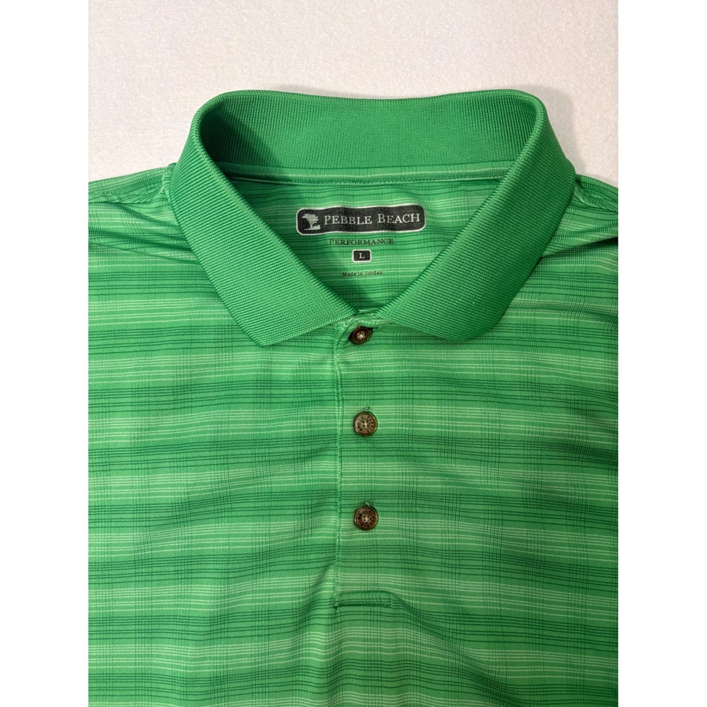 Pebble Beach Performance Mens Large Green Striped Short Sleeve Golf Polo Shirt